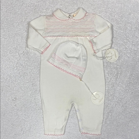 NWT Renzo knit sweater white Pink Kids One Piece romper and hat 3m - Picture 1 of 8